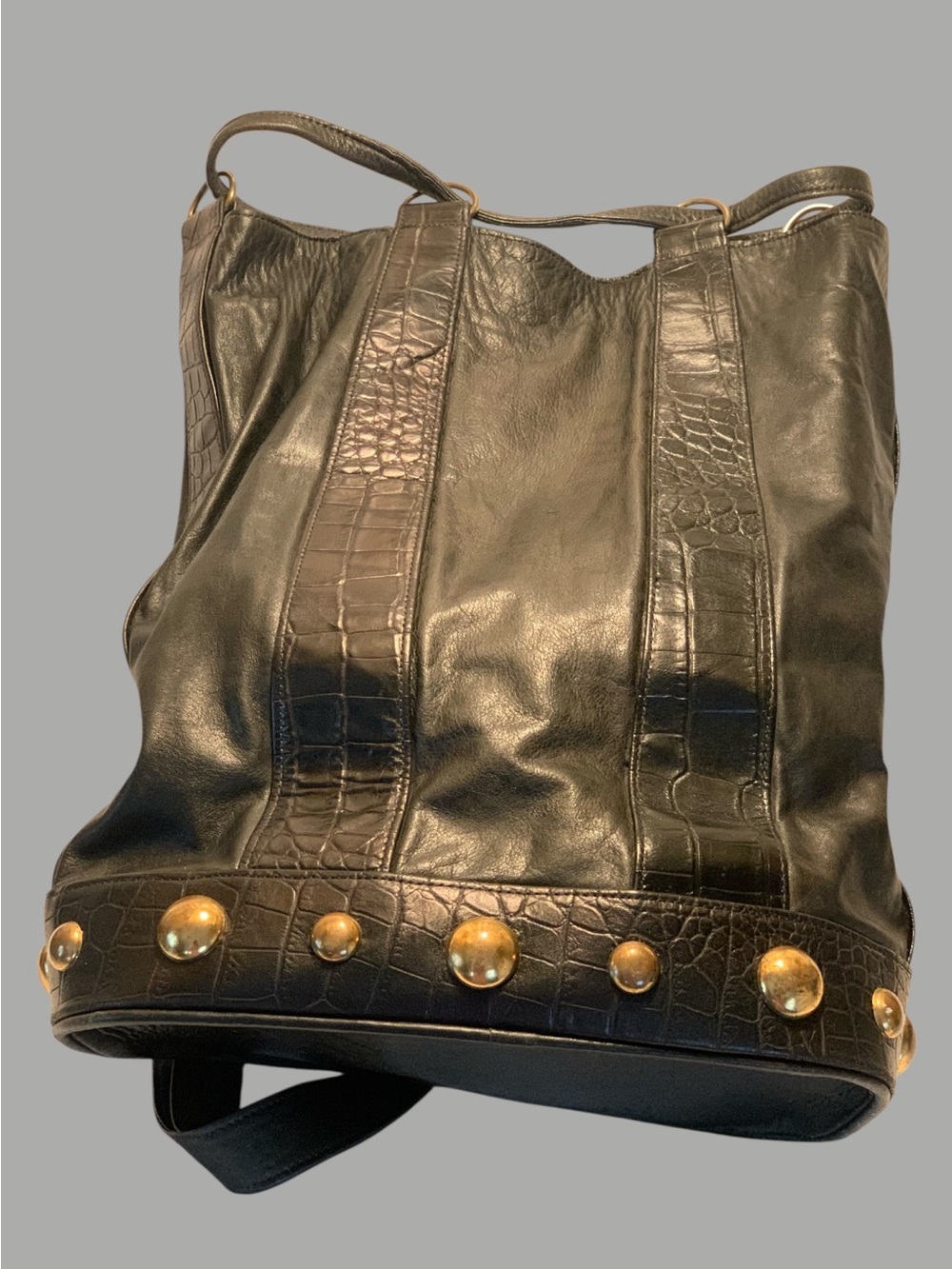 Black Leather Drawstring Backpack with Stud Accents very good condition - Picture 3 of 10